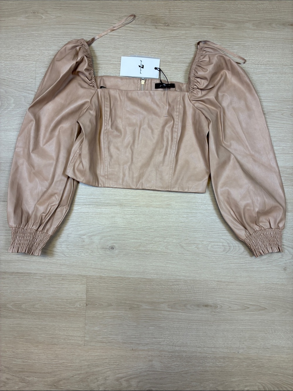 NEW 7 For All Mankind Nude Puff-Sleeve Faux Leather Crop Top